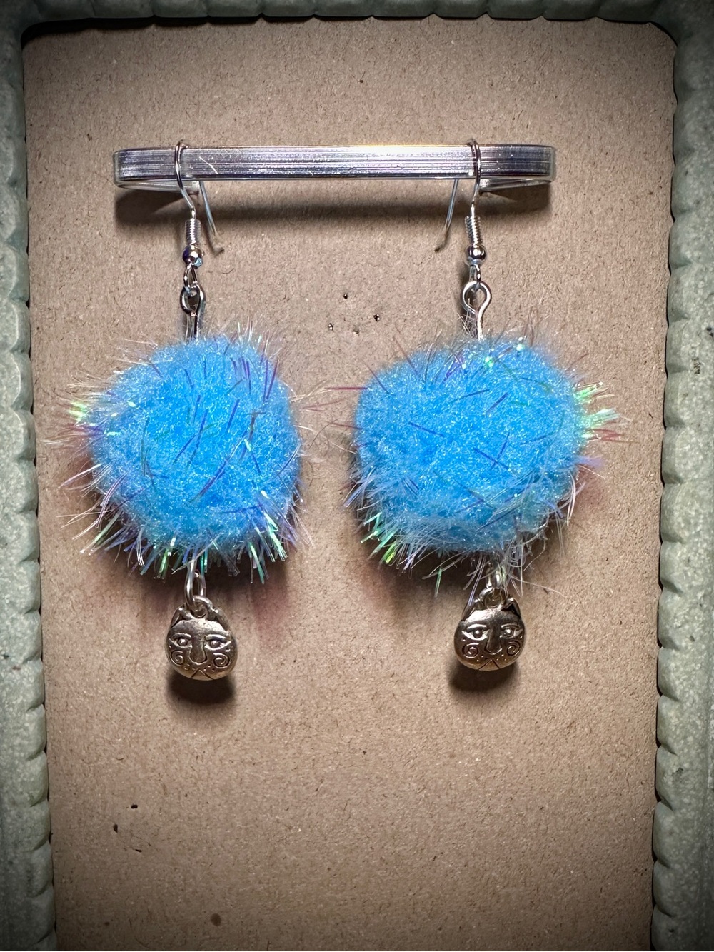 Blue Pom Pom Drop Earrings with Silver Charm - Women Accessories